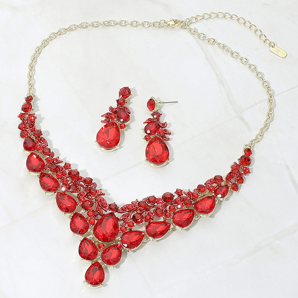 Madeline Love Gold, Red Teardrop Cluster Embellished Evening Necklace
