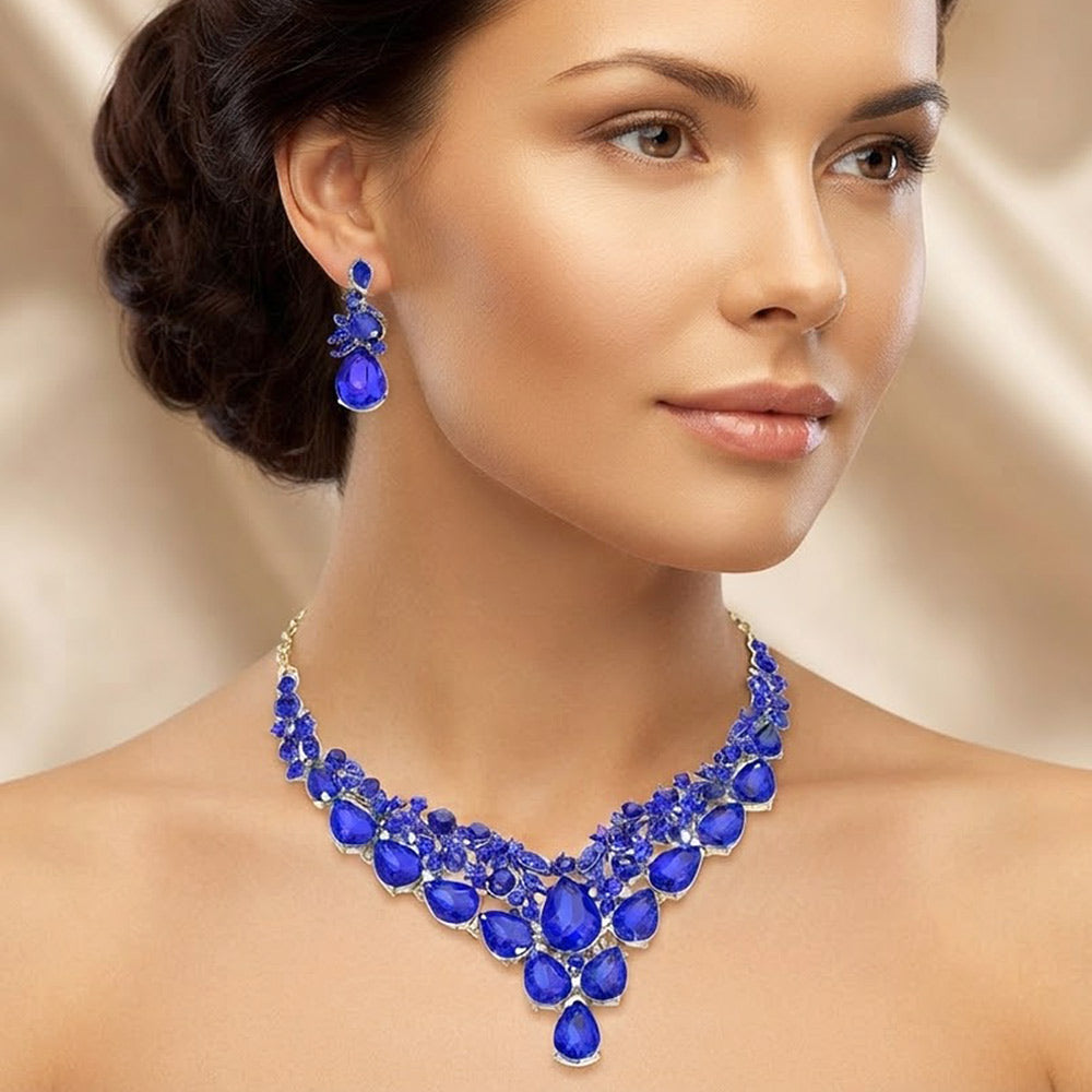 Madeline Love Gold, Sapphire Teardrop Cluster Embellished Evening Necklace