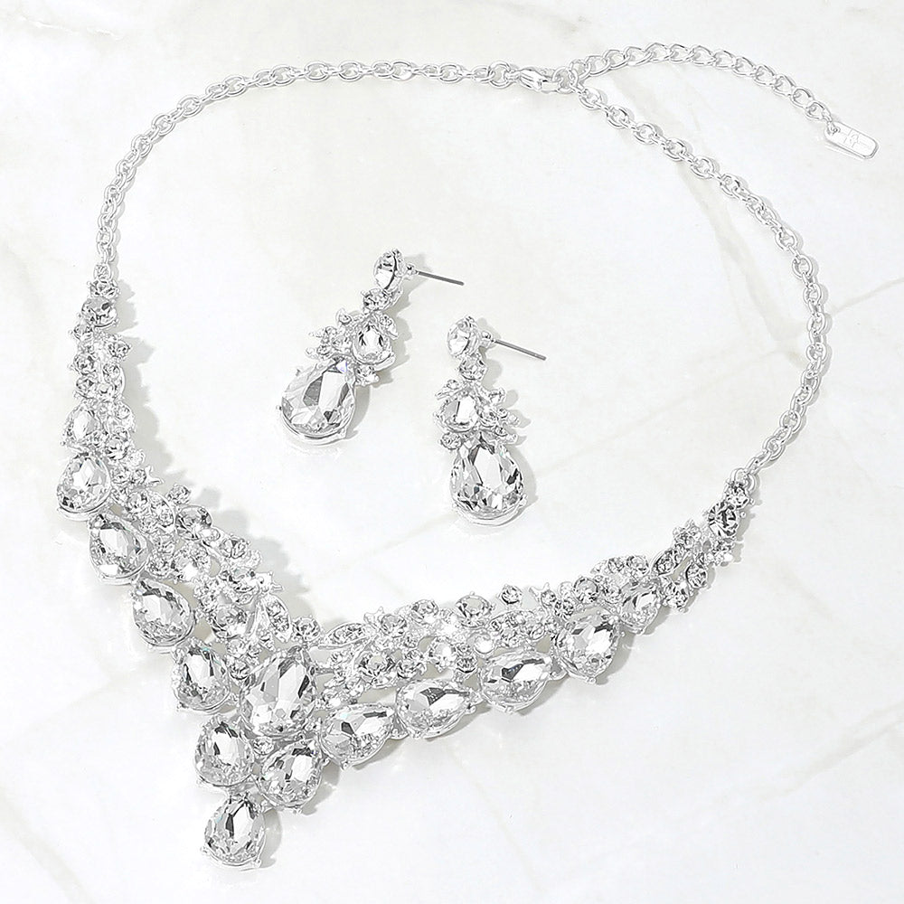 Madeline Love Clear, Silver Teardrop Cluster Embellished Evening Necklace