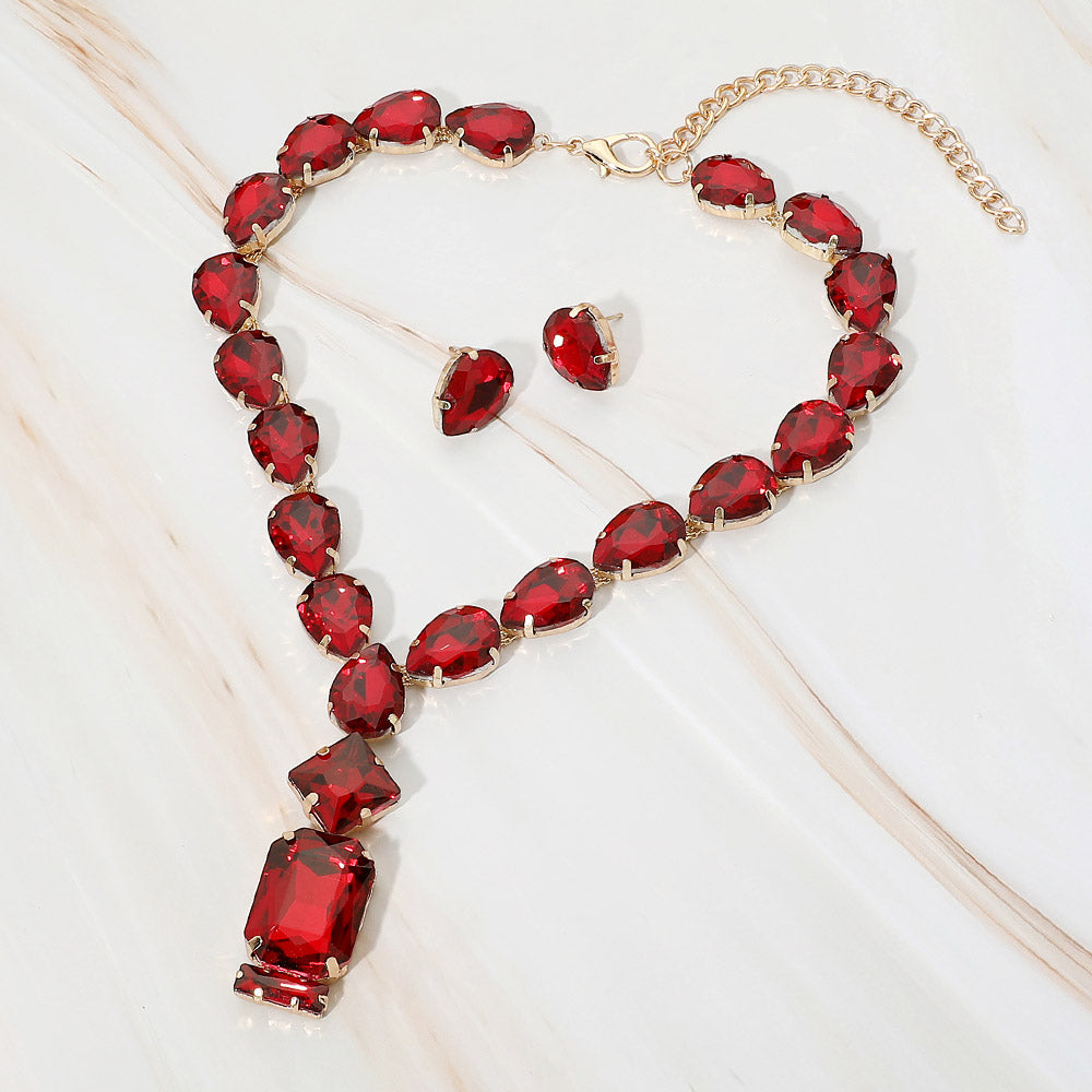 Madeline Love Burgundy, Gold Emerald Cut Stone Cluster Pendant Pointed Teardrop Stone Cluster Link Evening Necklace