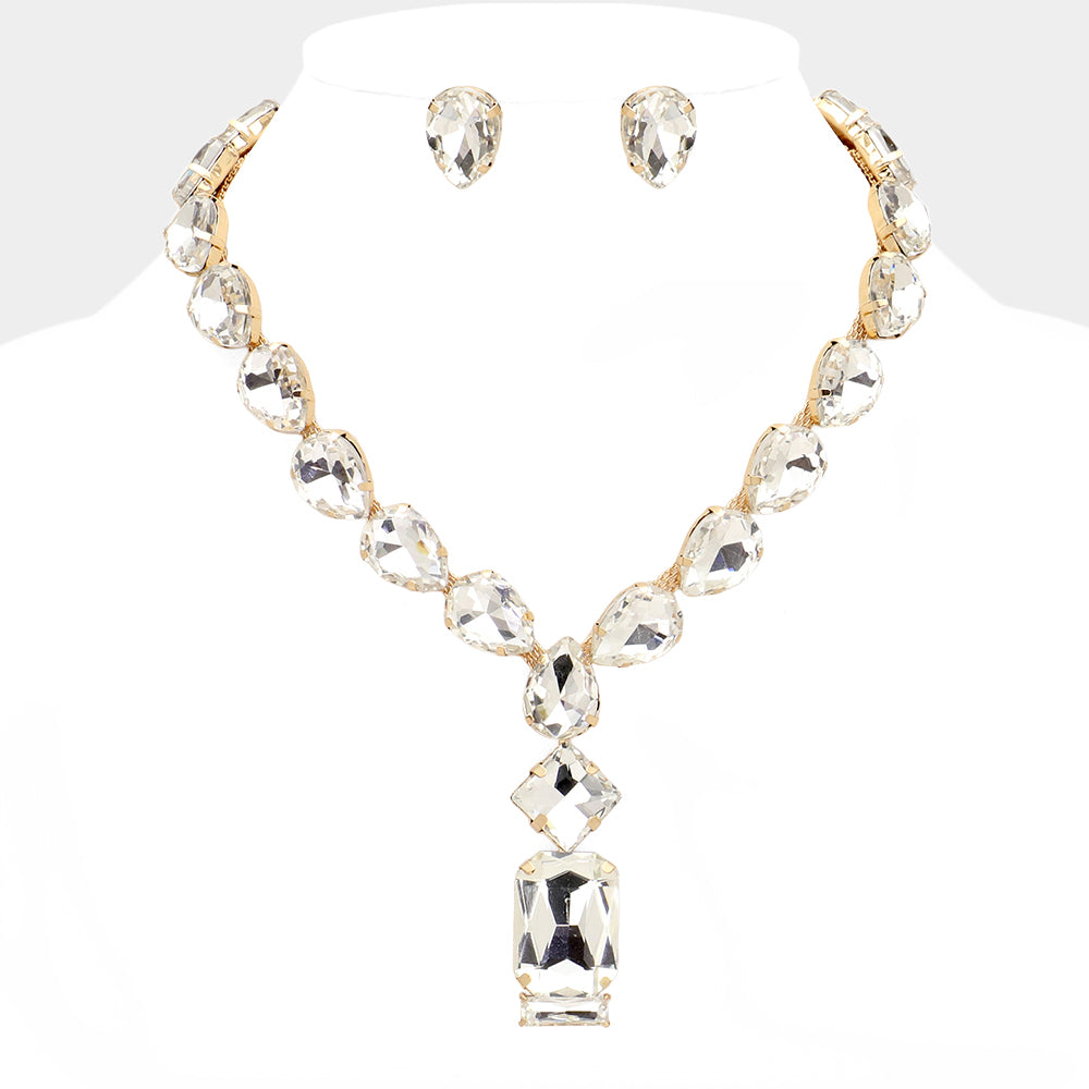 Madeline Love Clear, Gold Emerald Cut Stone Cluster Pendant Pointed Teardrop Stone Cluster Link Evening Necklace