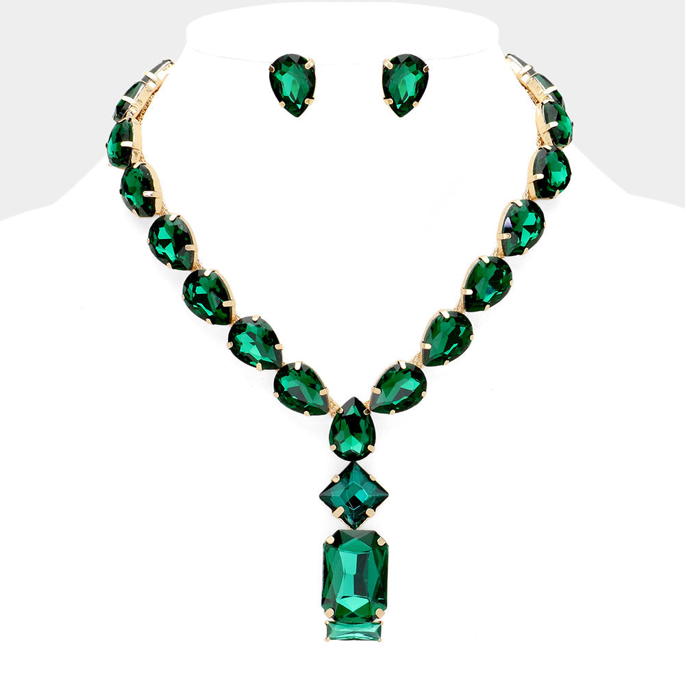 Madeline Love Emerald, Gold Emerald Cut Stone Cluster Pendant Pointed Teardrop Stone Cluster Link Evening Necklace