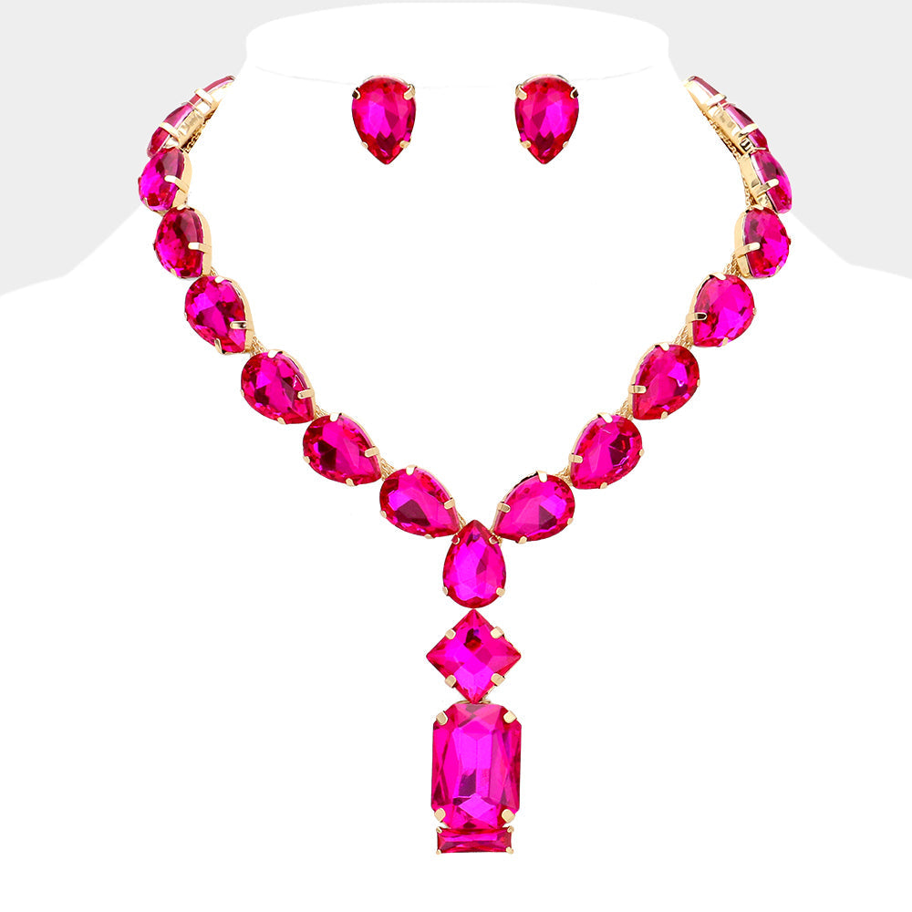 Madeline Love Fuchsia, Gold Emerald Cut Stone Cluster Pendant Pointed Teardrop Stone Cluster Link Evening Necklace