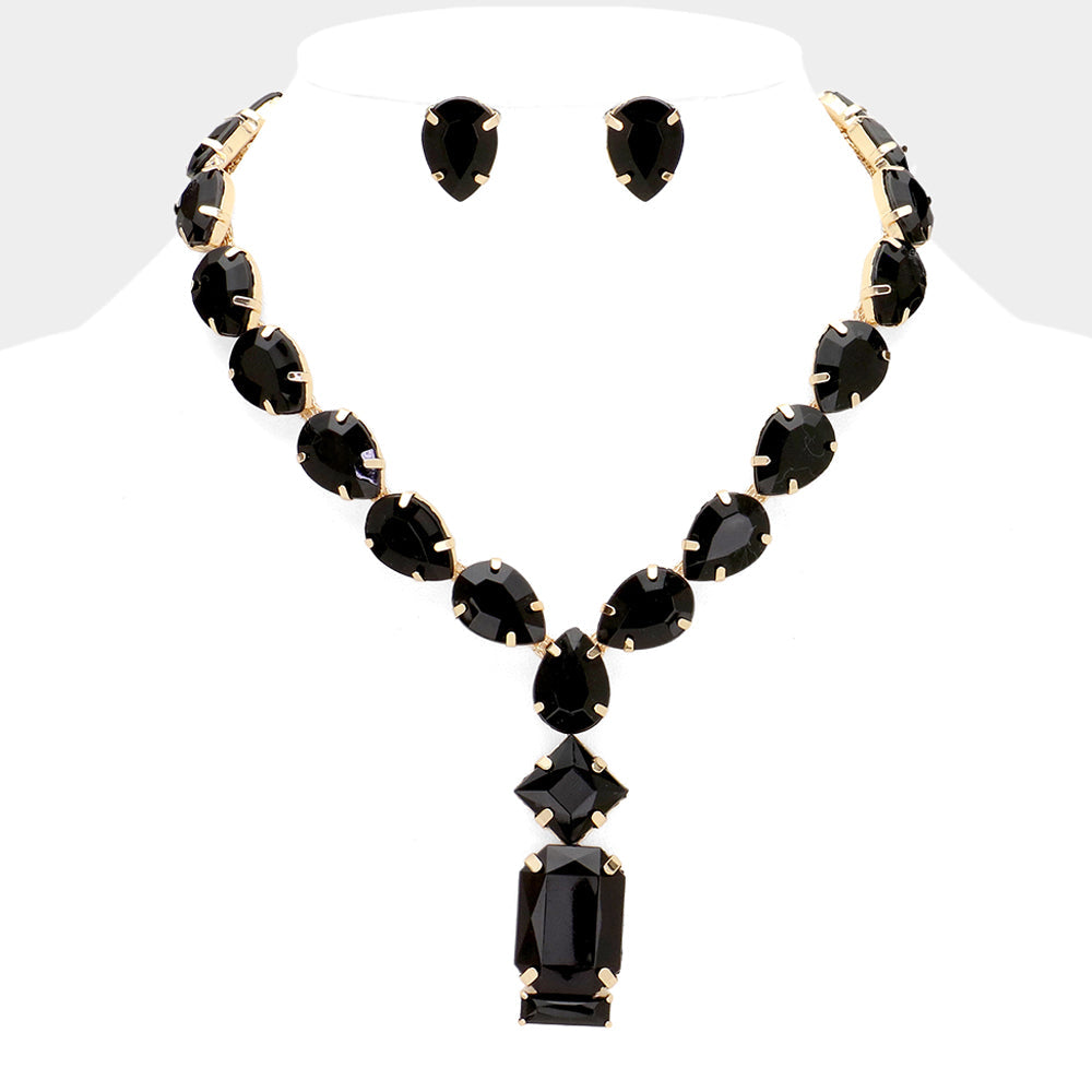 Madeline Love Gold, Jet Black Emerald Cut Stone Cluster Pendant Pointed Teardrop Stone Cluster Link Evening Necklace