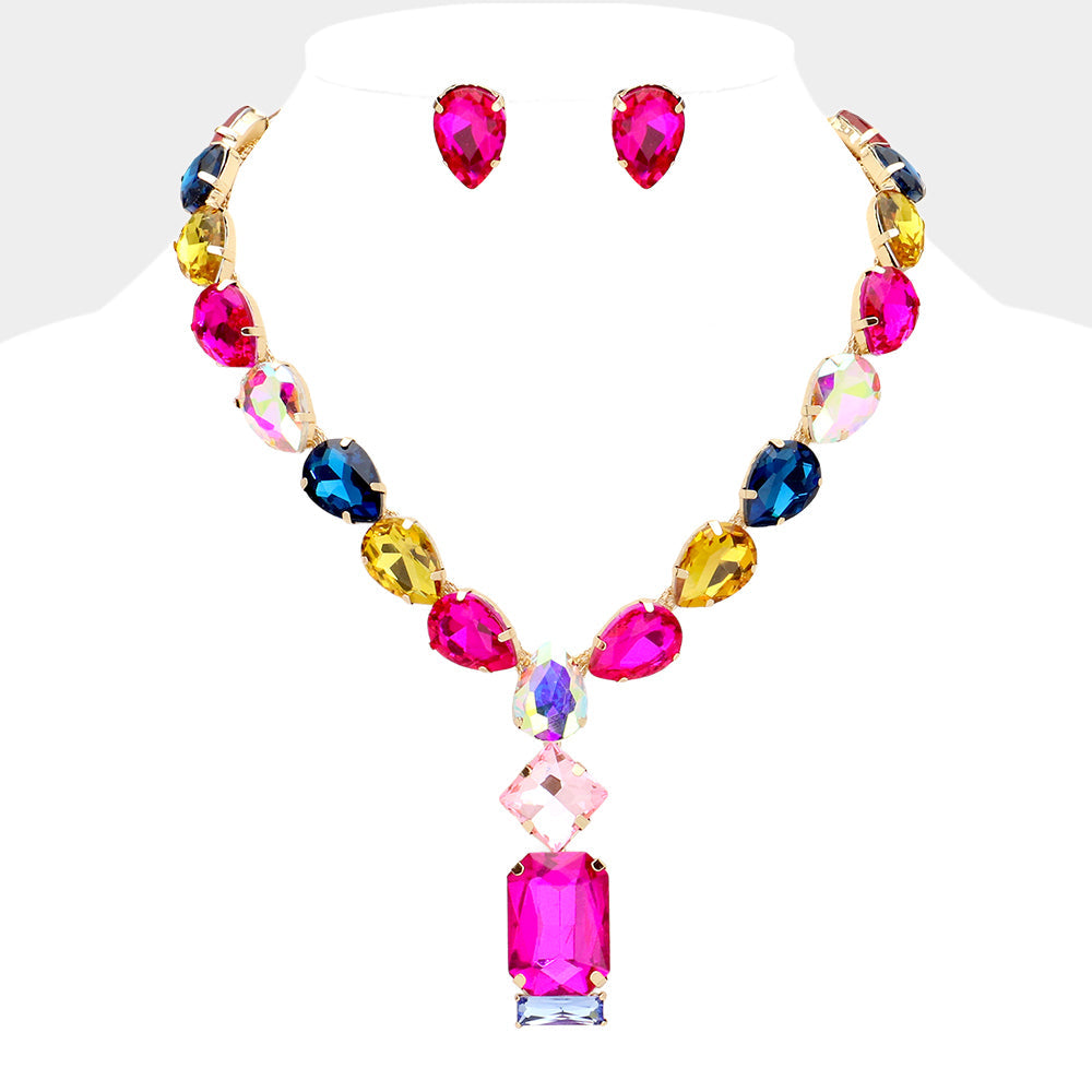 Madeline Love Gold, Multi Emerald Cut Stone Cluster Pendant Pointed Teardrop Stone Cluster Link Evening Necklace