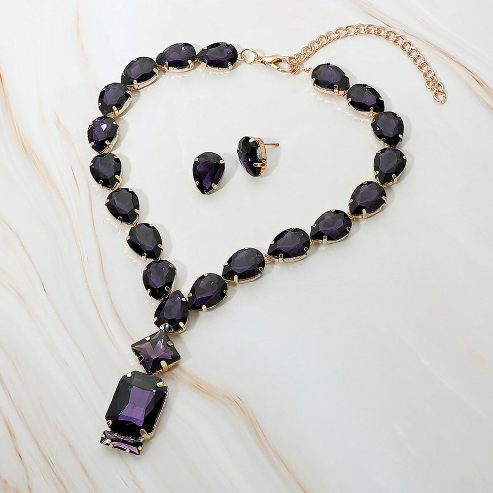 Madeline Love Gold, Purple Emerald Cut Stone Cluster Pendant Pointed Teardrop Stone Cluster Link Evening Necklace