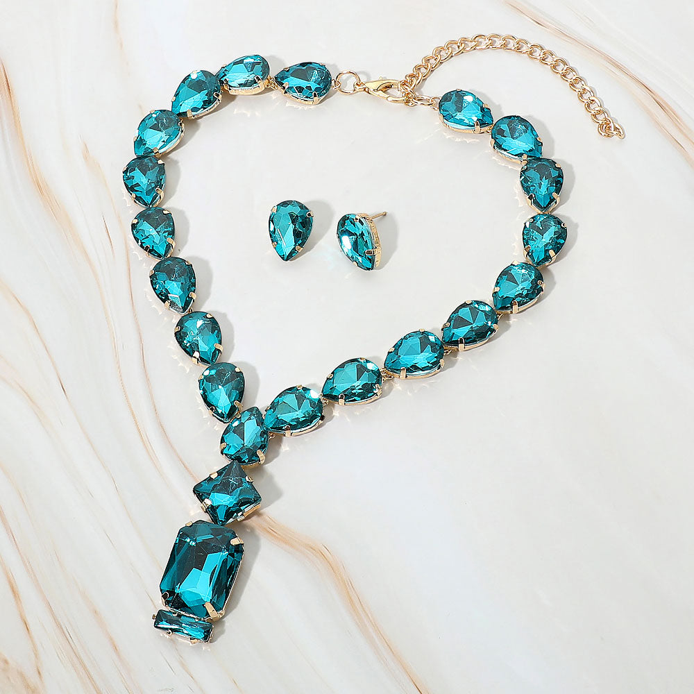 Madeline Love Gold, Teal Emerald Cut Stone Cluster Pendant Pointed Teardrop Stone Cluster Link Evening Necklace