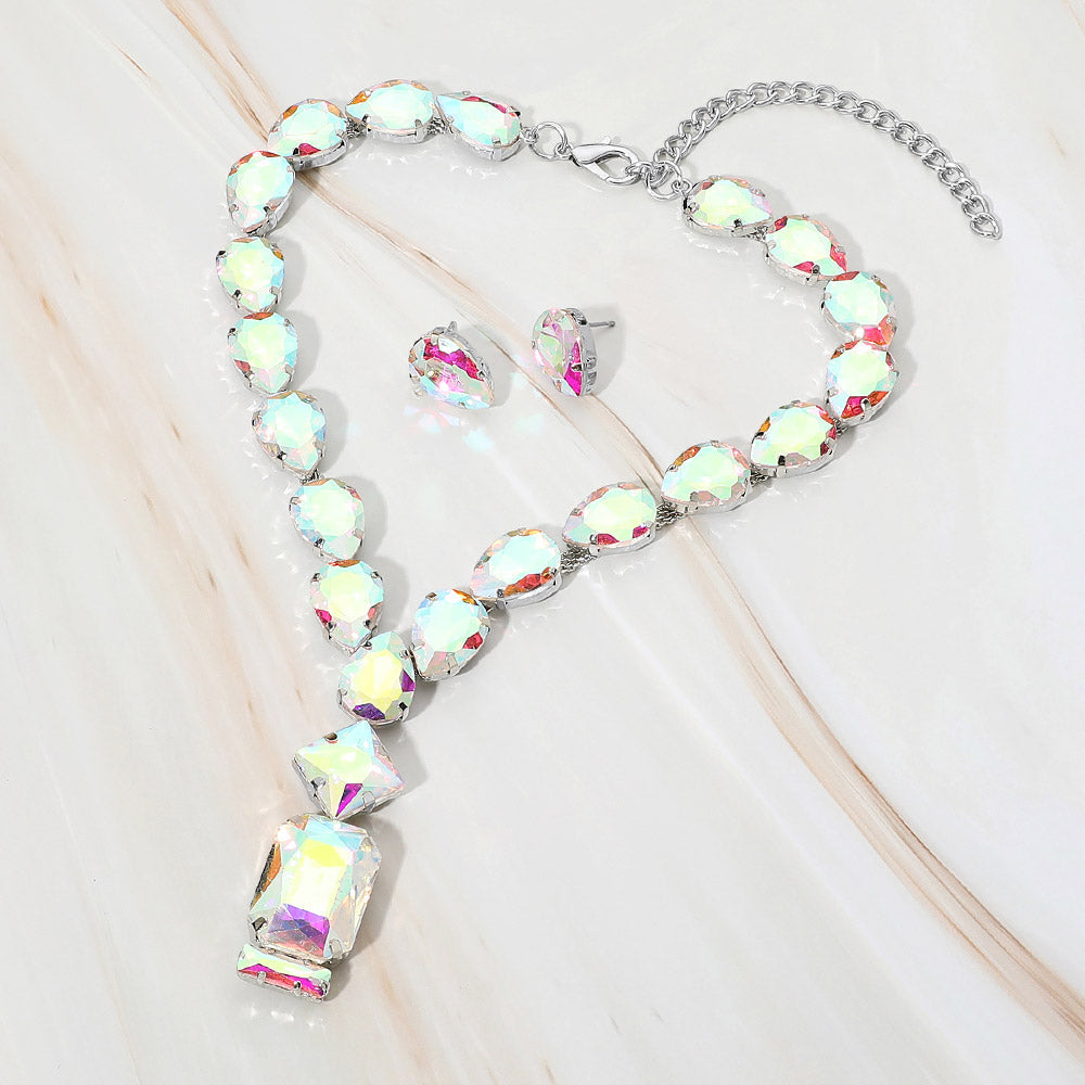 Madeline Love AB, Rhodium Emerald Cut Stone Cluster Pendant Pointed Teardrop Stone Cluster Link Evening Necklace