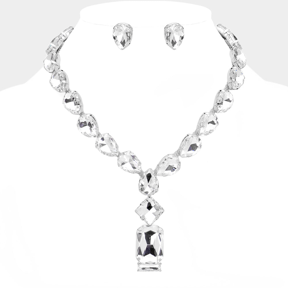 Madeline Love Clear, Rhodium Emerald Cut Stone Cluster Pendant Pointed Teardrop Stone Cluster Link Evening Necklace