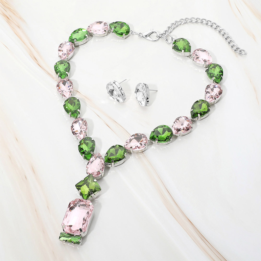 Madeline Love Pink&Green, Rhodium Emerald Cut Stone Cluster Pendant Pointed Teardrop Stone Cluster Link Evening Necklace