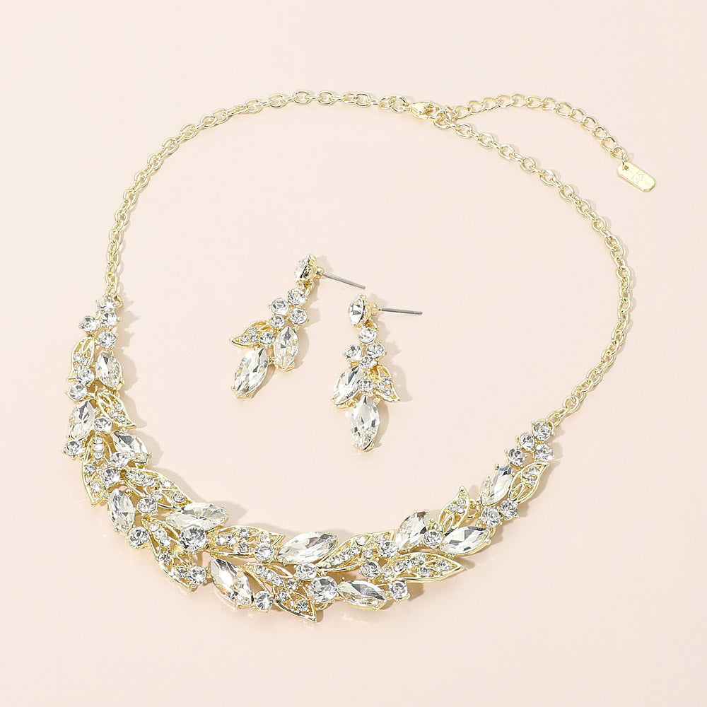 Madeline Love Clear, Gold Teardrop Cluste Leaf Vine Evening Necklace
