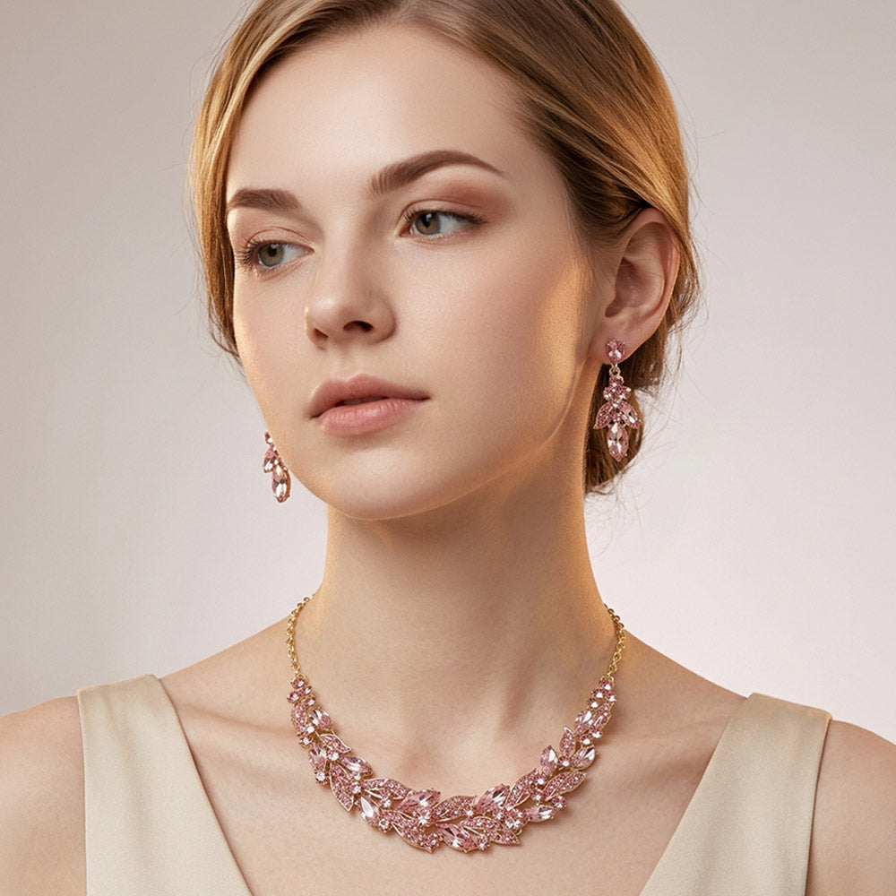 Madeline Love Gold, Lt Rose Teardrop Cluste Leaf Vine Evening Necklace