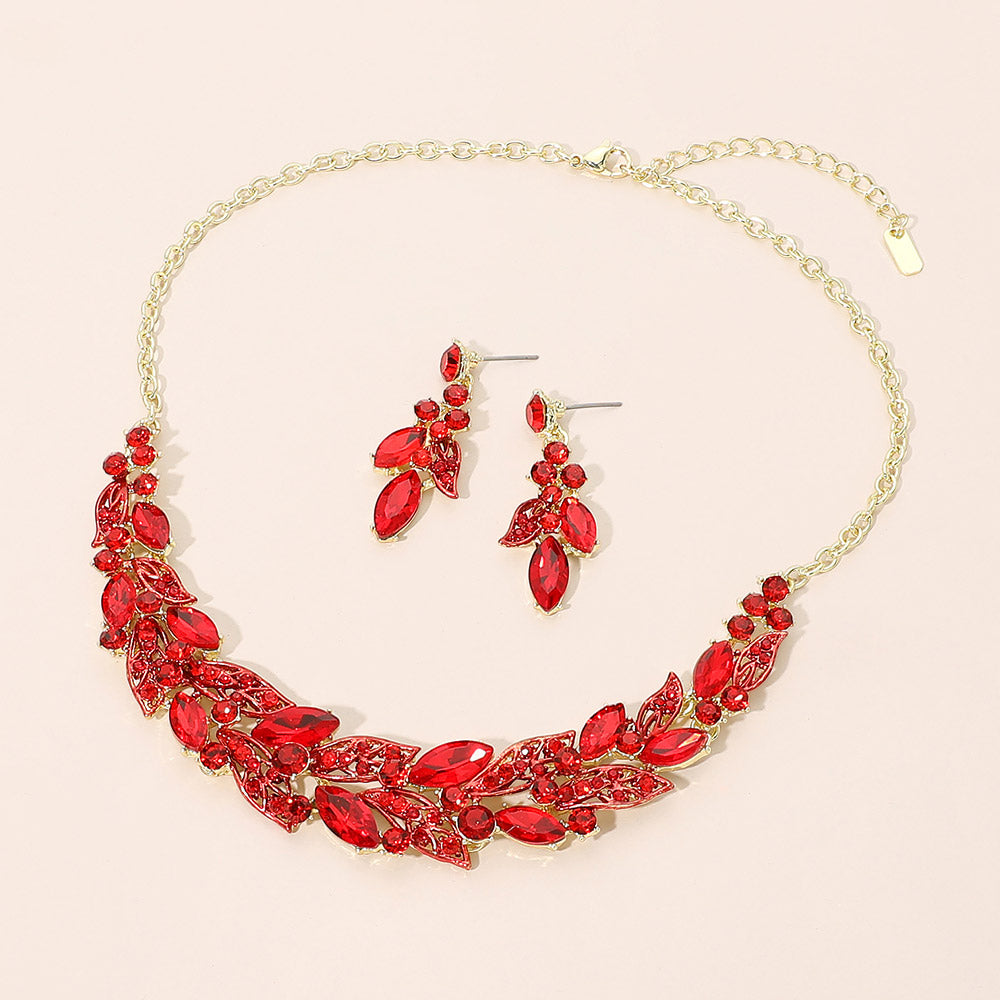 Madeline Love Gold, Red Teardrop Cluste Leaf Vine Evening Necklace