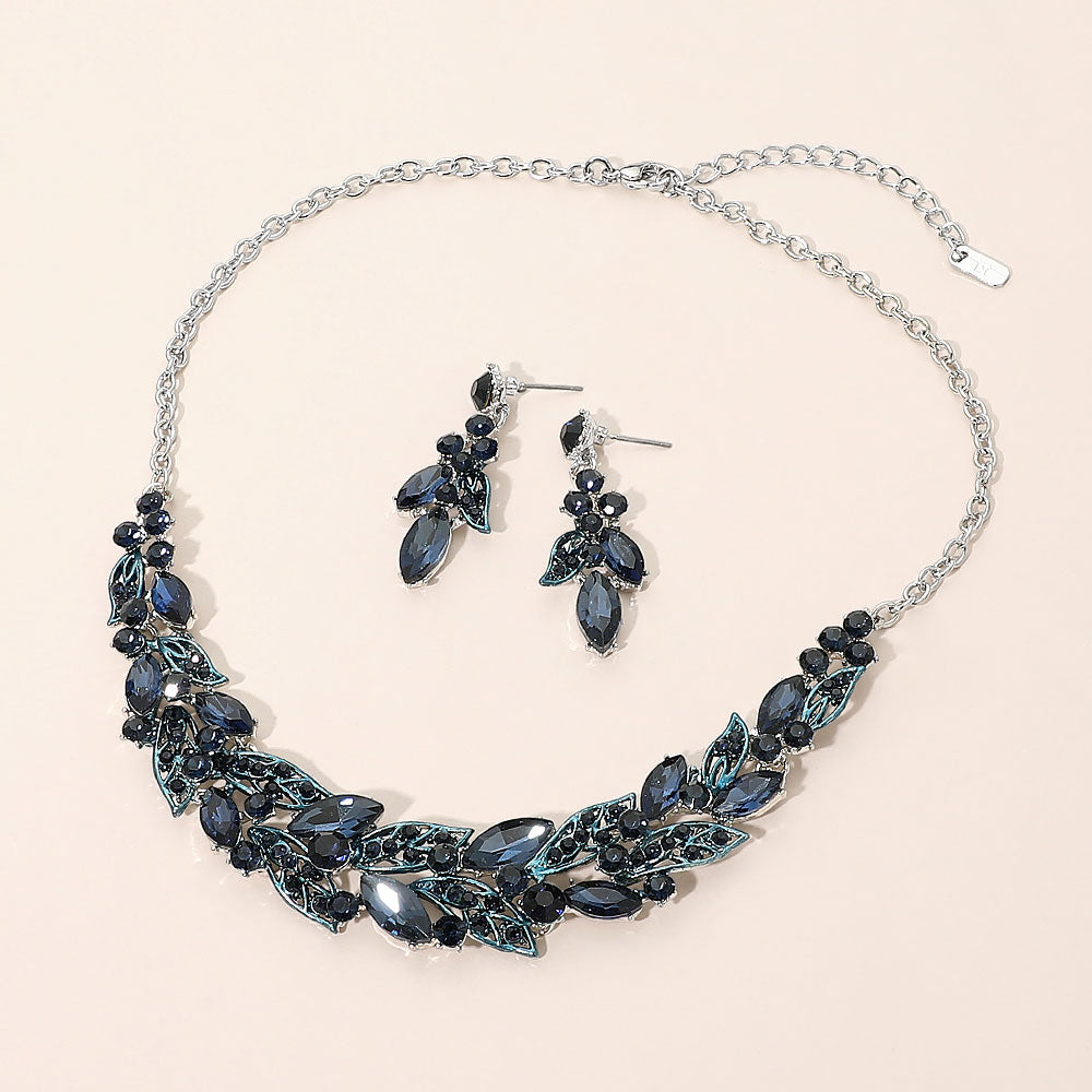 Madeline Love Montana Blue, Rhodium Teardrop Cluste Leaf Vine Evening Necklace
