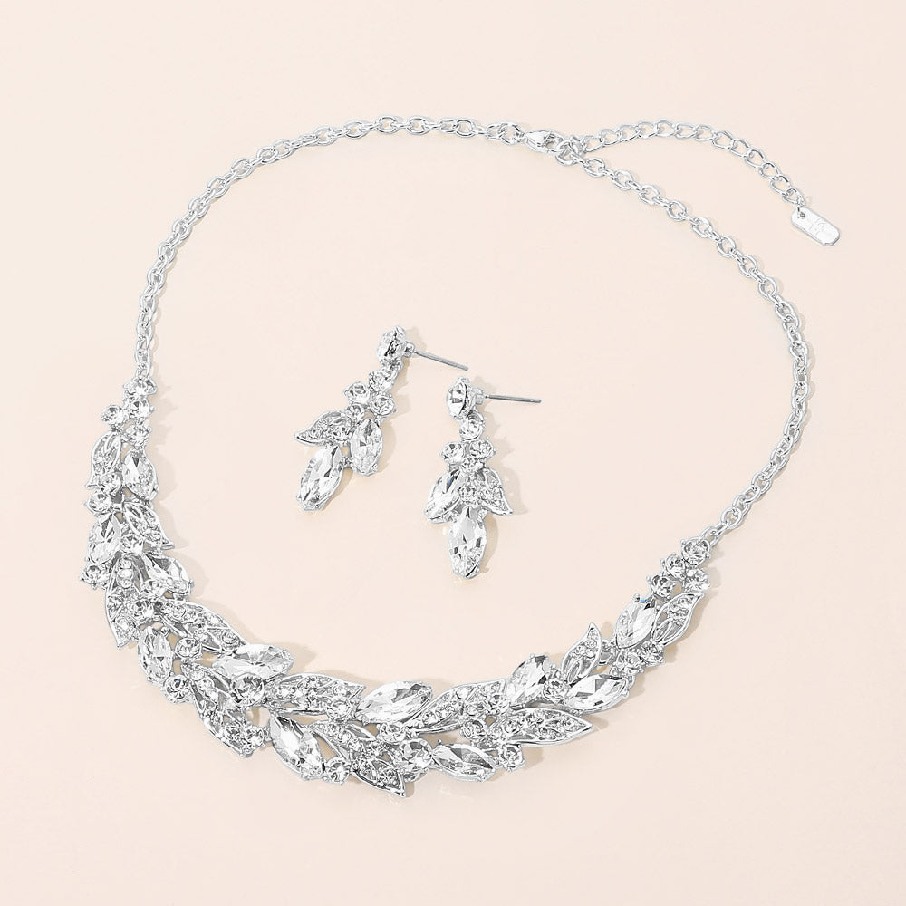 Madeline Love Clear, Silver Teardrop Cluste Leaf Vine Evening Necklace