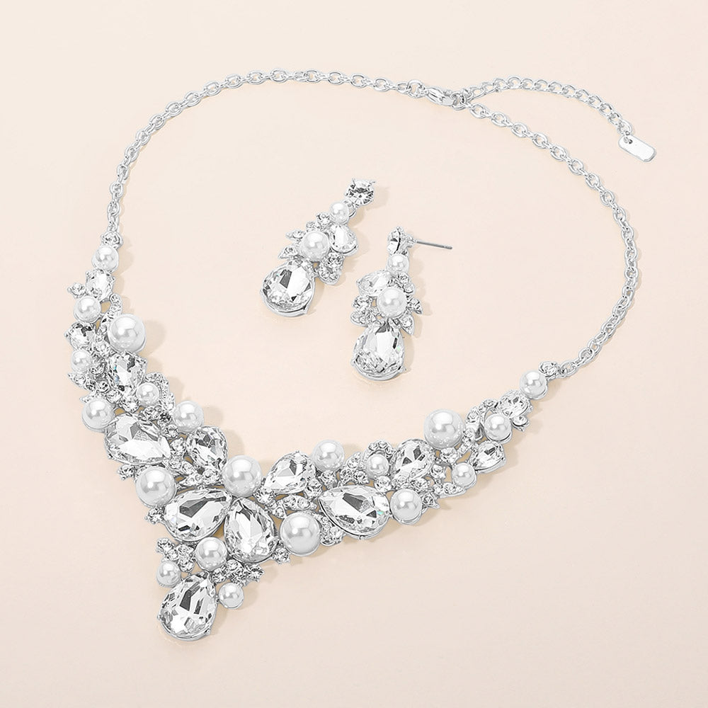 Madeline Love Silver, White Teardrop Stone Cluster Pearl Embellished Evening Necklace