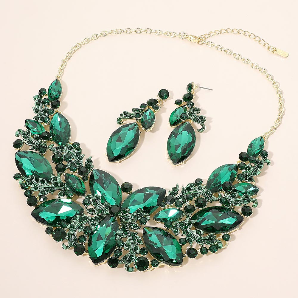Madeline Love Emerald, Gold Bold Marquise Cluster Embellished Evening Necklace