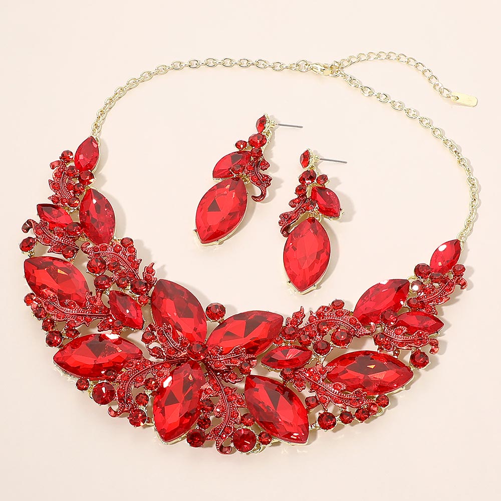 Madeline Love Gold, Red Bold Marquise Cluster Embellished Evening Necklace