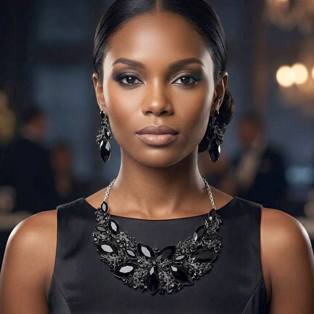 Madeline Love Black, Rhodium Bold Marquise Cluster Embellished Evening Necklace