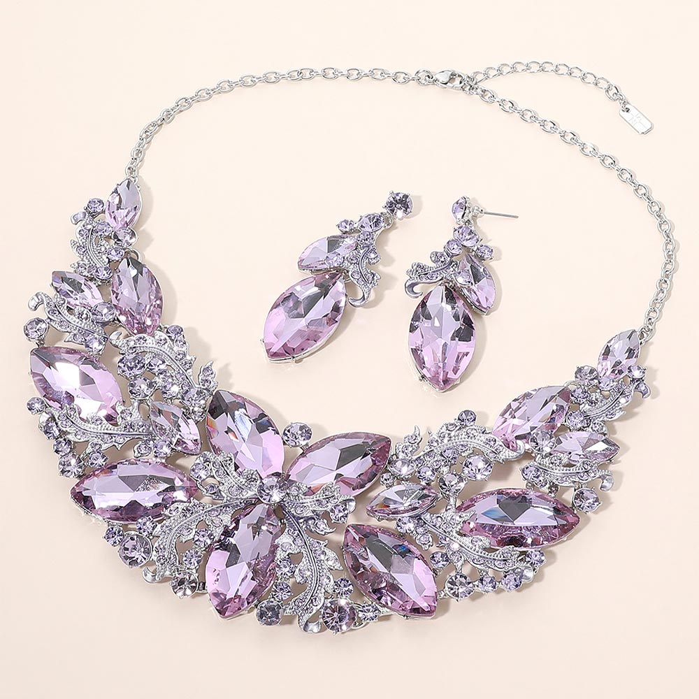 Madeline Love Amethyst , Rhodium Bold Marquise Cluster Embellished Evening Necklace