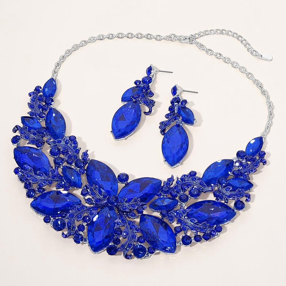 Madeline Love Rhodium, Sapphire Bold Marquise Cluster Embellished Evening Necklace