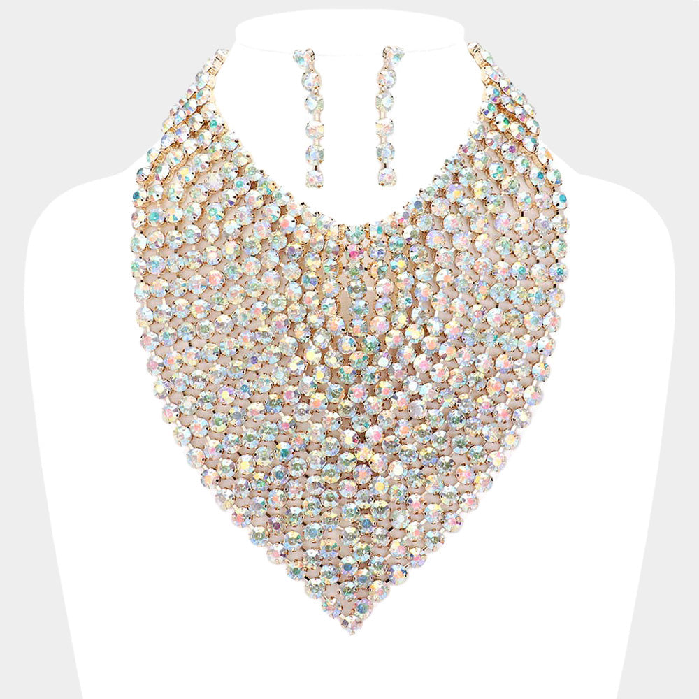 Madeline Love AB, Gold Round Stone Statement Bib Evening Necklace