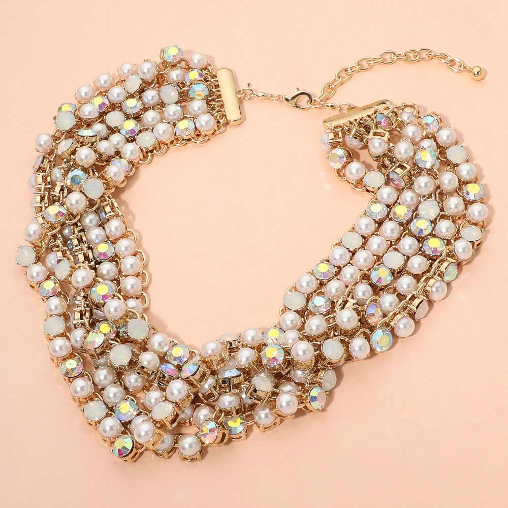 Madeline Love AB, Cream, Gold Bold Faceted Stone Cluster Link Tennis Chain Multi-Strand Statement Necklace