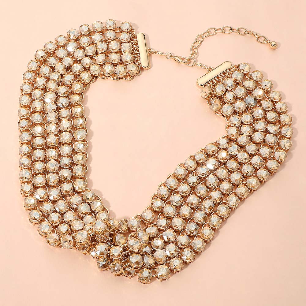 Madeline Love Champagne, Gold Bold Faceted Stone Cluster Link Tennis Chain Multi-Strand Statement Necklace