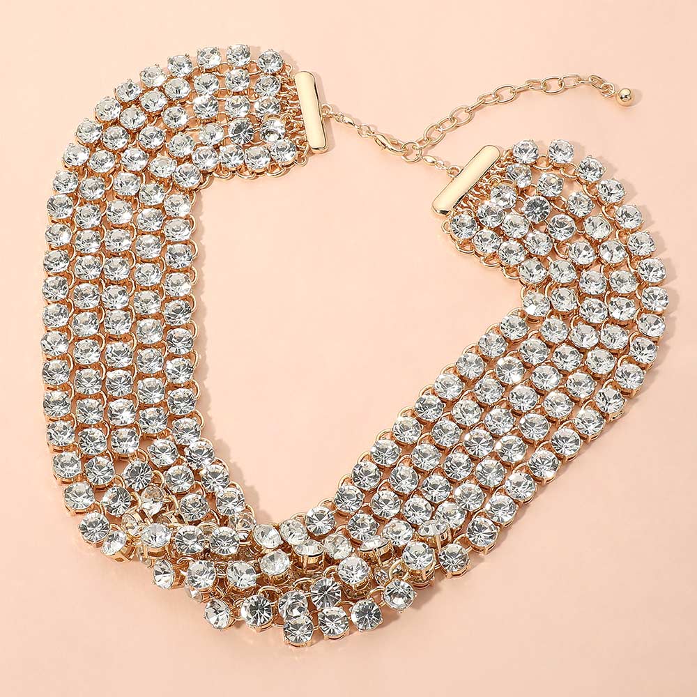 Madeline Love Clear, Gold Bold Faceted Stone Cluster Link Tennis Chain Multi-Strand Statement Necklace