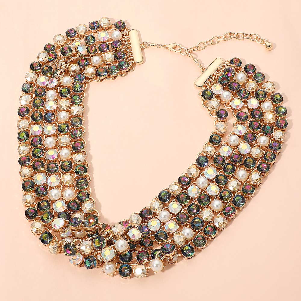 Madeline Love Gold, Vitrail Medium Bold Faceted Stone Cluster Pearl Link Tennis Chain Multi-Strand Statement Necklace