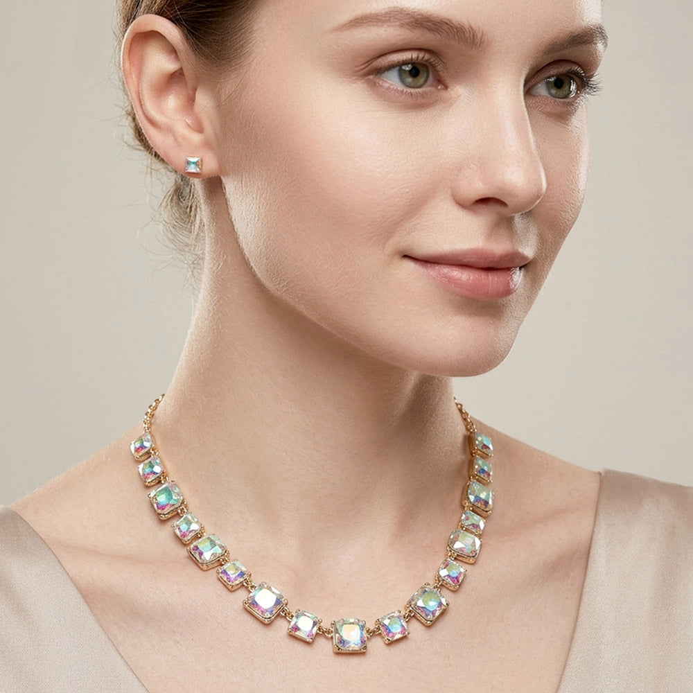 Madeline Love AB, Gold Square Stone Cluster Link Eveninig Necklace
