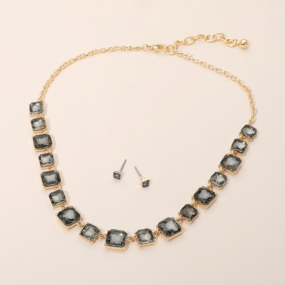 Madeline Love Black Diamond, Gold Square Stone Cluster Link Eveninig Necklace