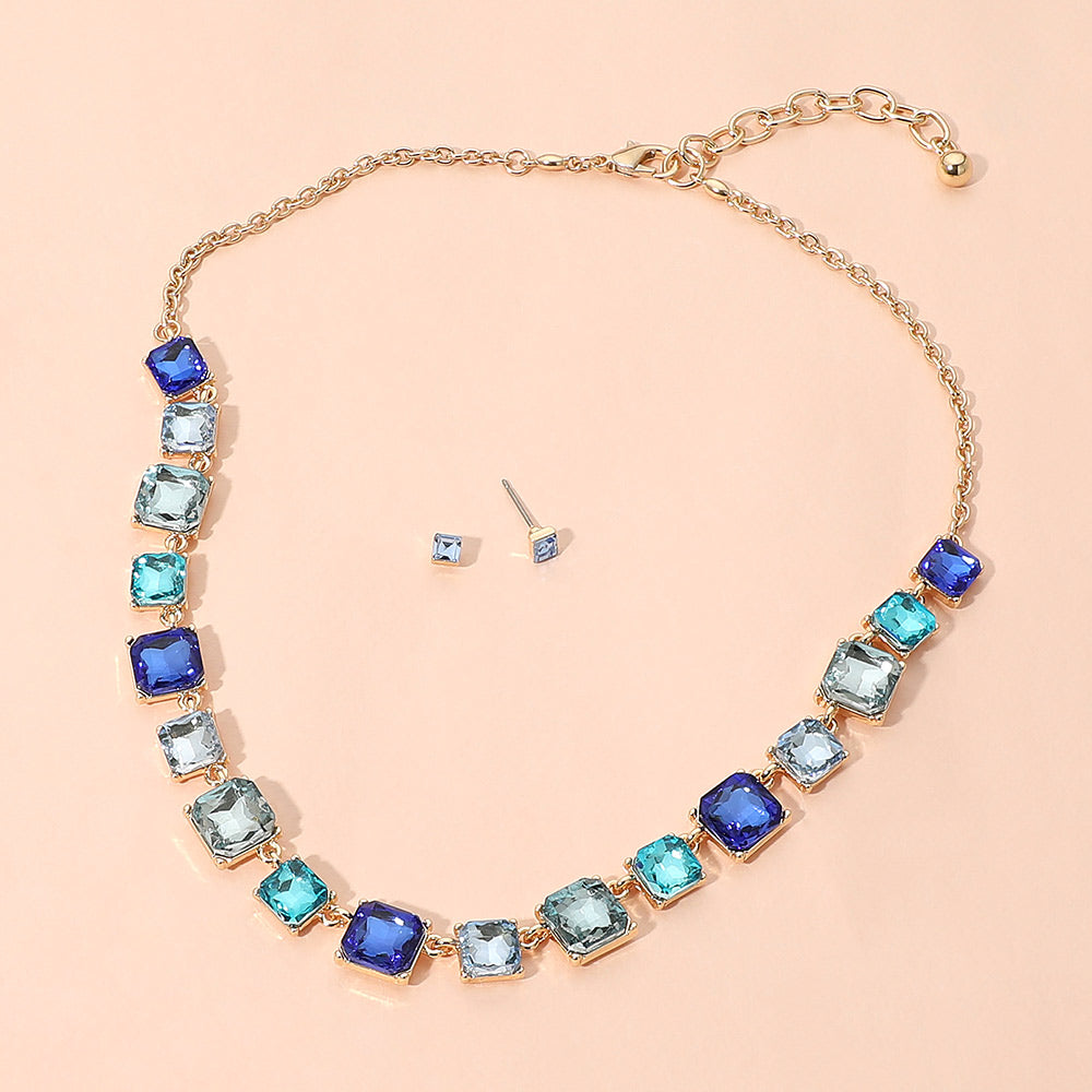 Madeline Love Blue, Gold Square Stone Cluster Link Eveninig Necklace