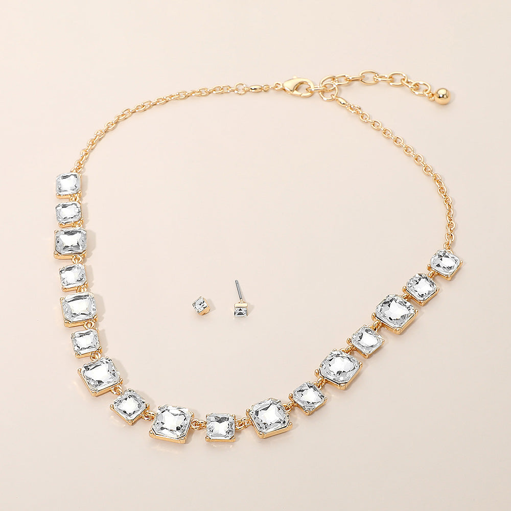 Madeline Love Clear, Gold Square Stone Cluster Link Eveninig Necklace