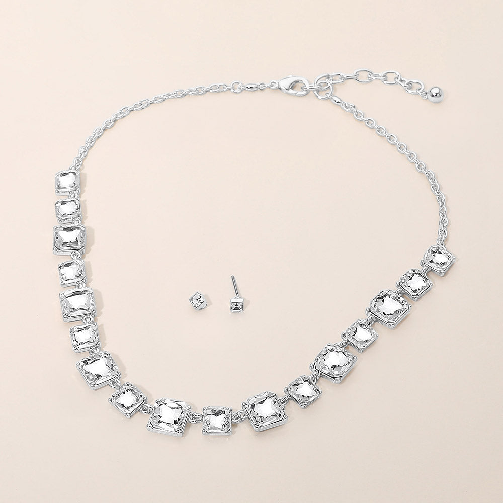 Madeline Love Clear, Silver Square Stone Cluster Link Eveninig Necklace