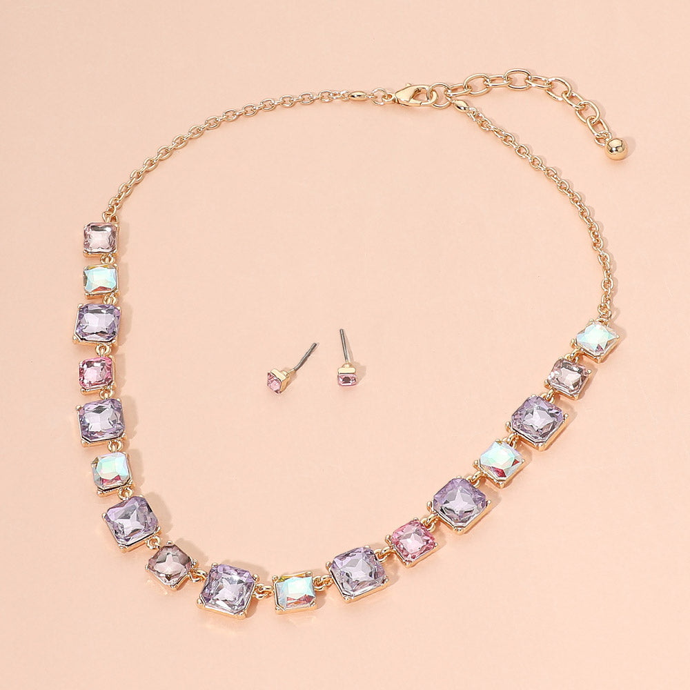 Madeline Love Gold, Lavender Faceted Square Gem Link Evening Necklace