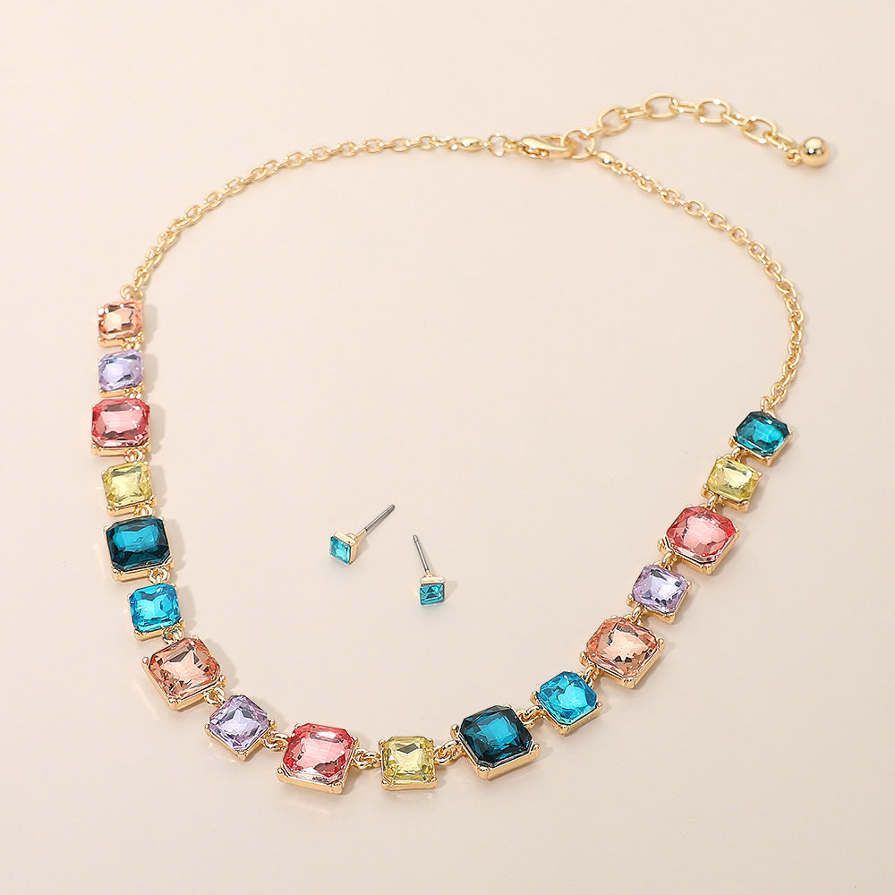 Madeline Love Gold, Multi Square Stone Cluster Link Eveninig Necklace
