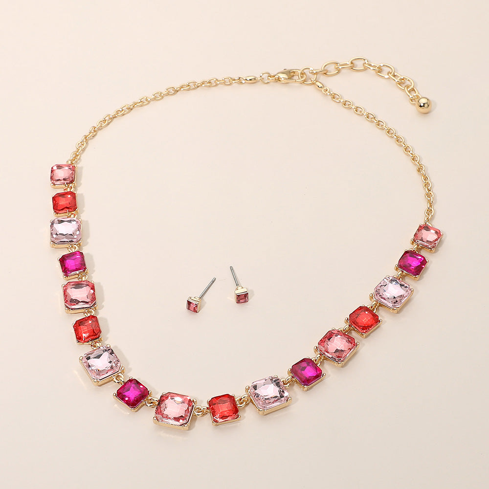 Madeline Love Gold, Pink Square Stone Cluster Link Eveninig Necklace