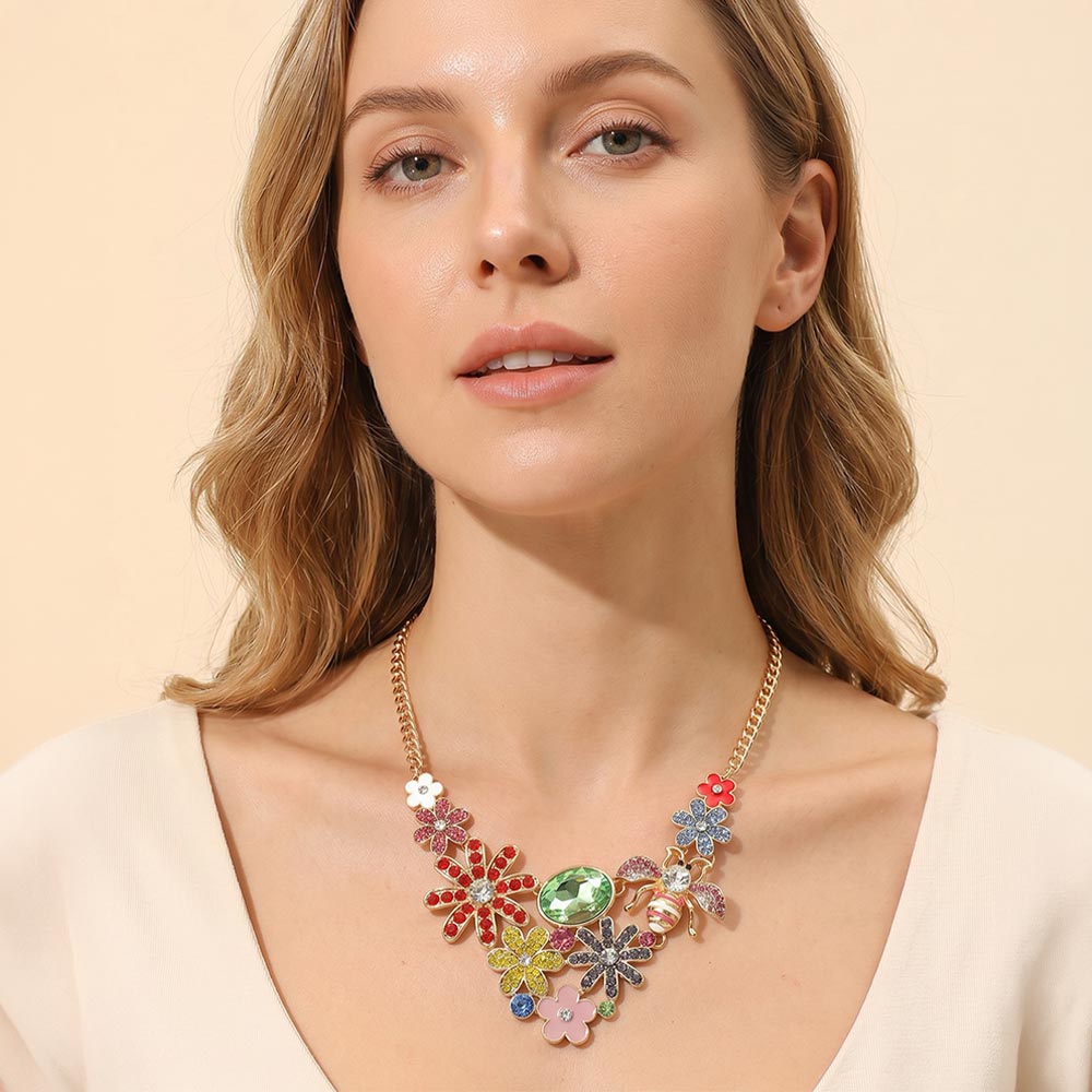 Madeline Love Gold, Multi Rhinestone Pae Floral Honey Bee Statement Necklace