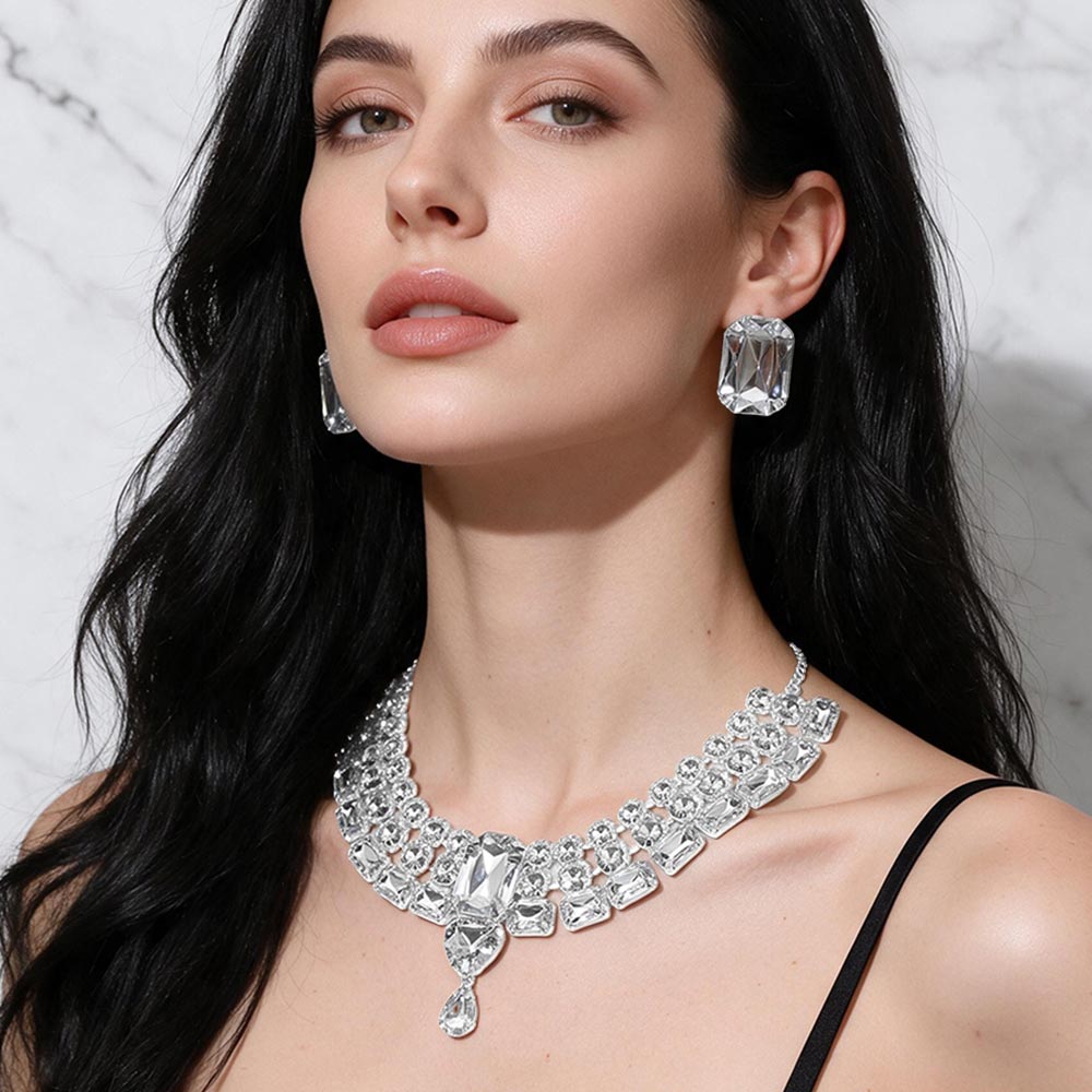 Madeline Love Clear Rectangular Faceted Gem Cluster Accent Link Layered Statement Evening Necklace