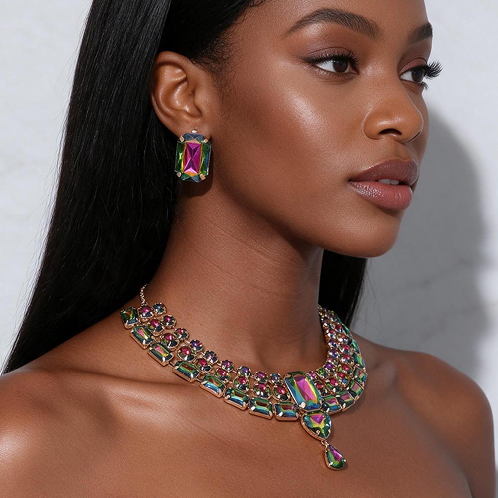Madeline Love Vitrail Medium Rectangular Faceted Gem Cluster Accent Link Layered Statement Evening Necklace