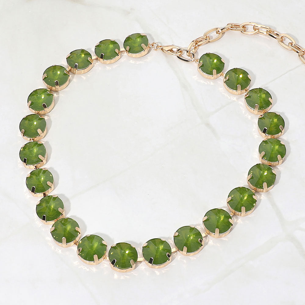 Madeline Love Olive Green, Opal Round Stone Cluster Link Evening Necklace