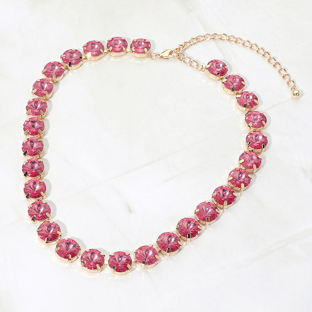 Madeline Love Pink Round Faceted Stone Cluster Link Evening Necklace