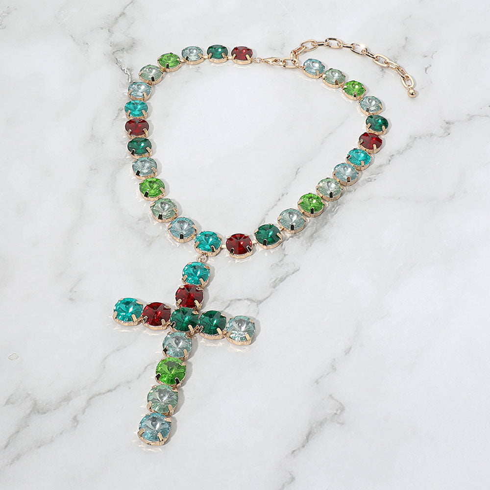 Madeline Love Multi Round Crystal Cross Pendant Statement Evening Necklace