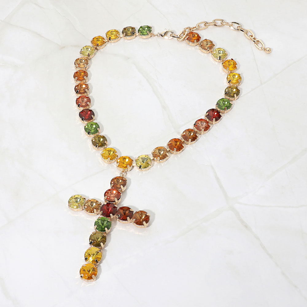 Madeline Love Multi Round Crystal Cross Pendant Statement Evening Necklace