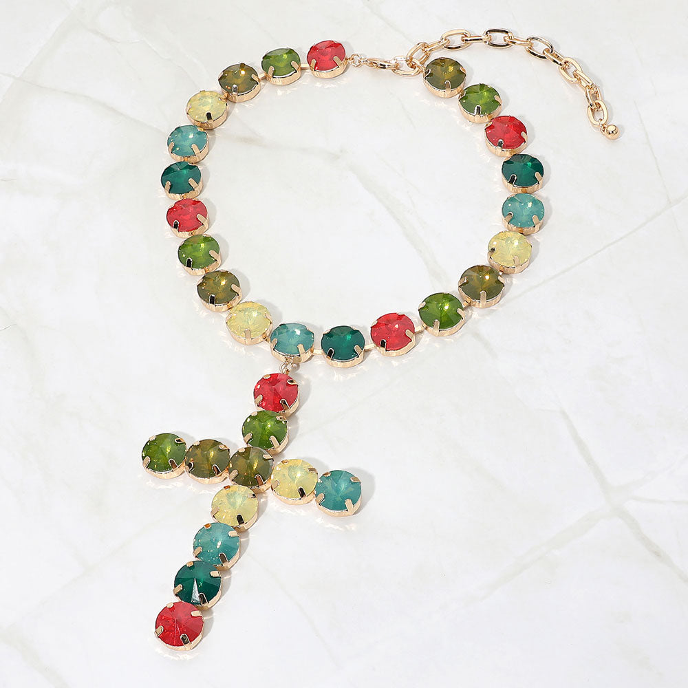 Madeline Love Dark, Multi Round Crystal Cross Pendant Statement Evening Necklace