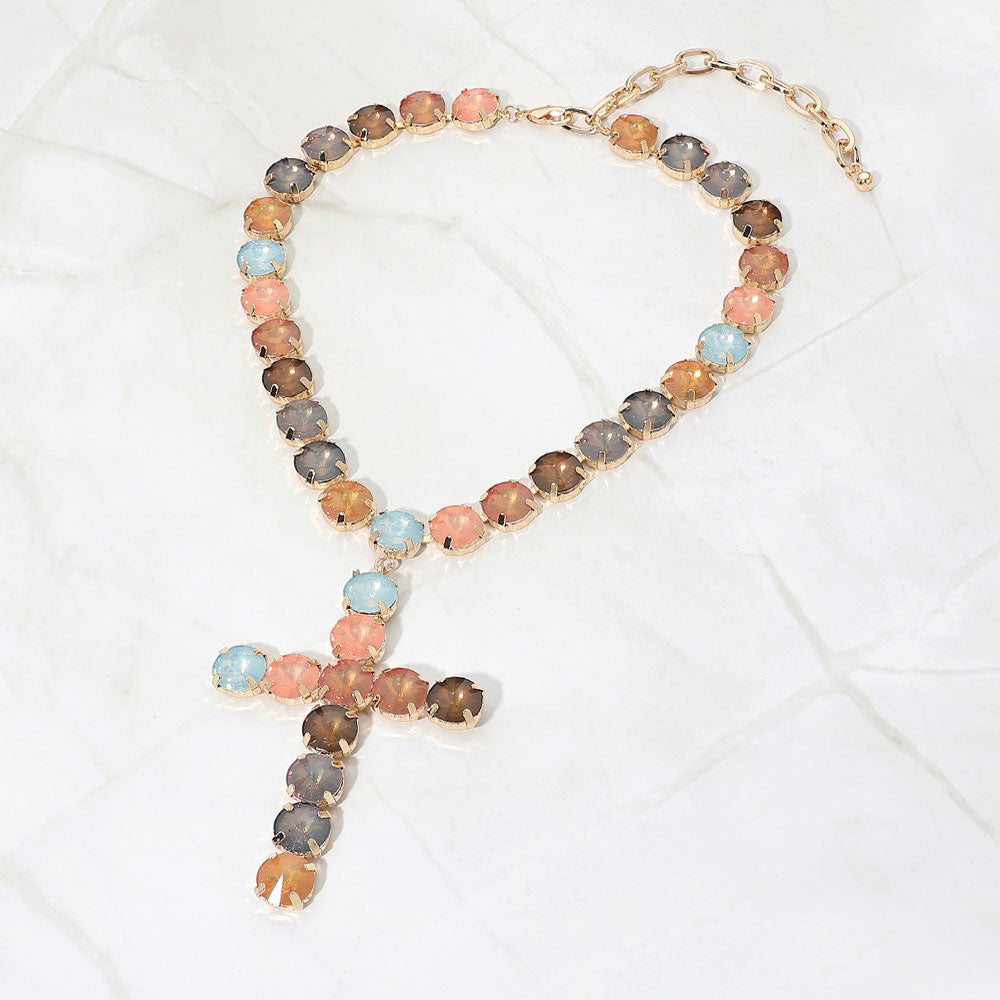 Madeline Love Multi, Peach Round Crystal Cross Pendant Statement Evening Necklace