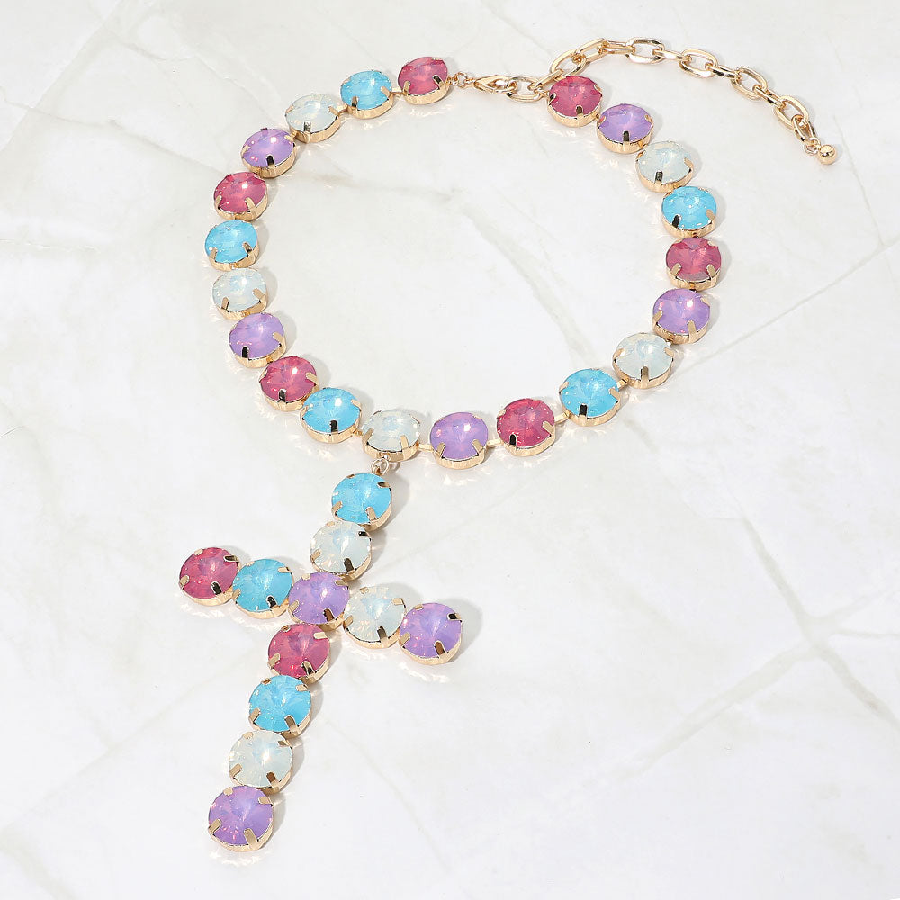 Madeline Love Blue, Multi, Opal Round Crystal Cross Pendant Statement Evening Necklace