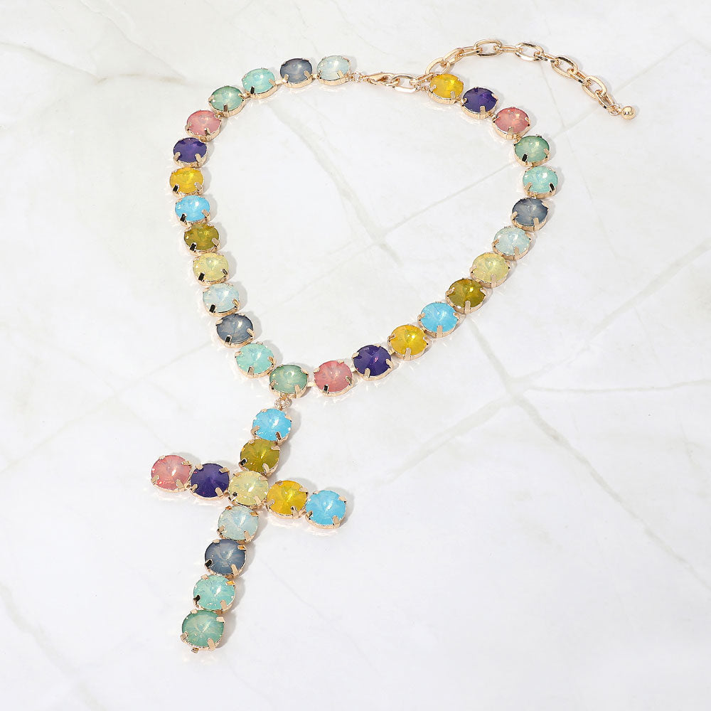 Madeline Love Multi Round Crystal Cross Pendant Statement Evening Necklace