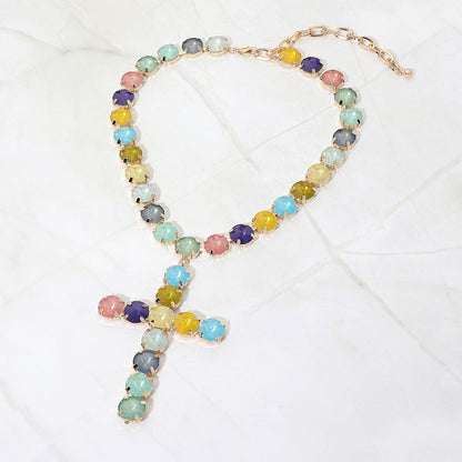Madeline Love Multi Round Crystal Cross Pendant Statement Evening Necklace